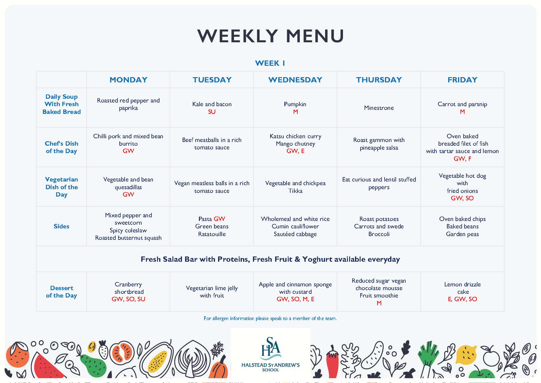 HSA Autumn Menu 2026-27 Week 1