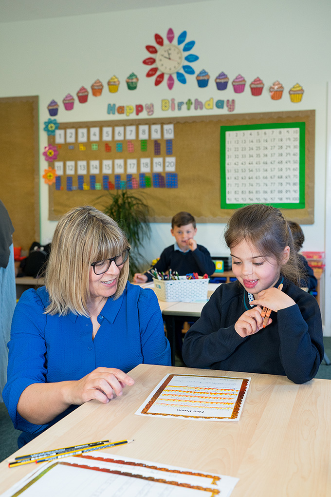 Pupil with teacher at desk